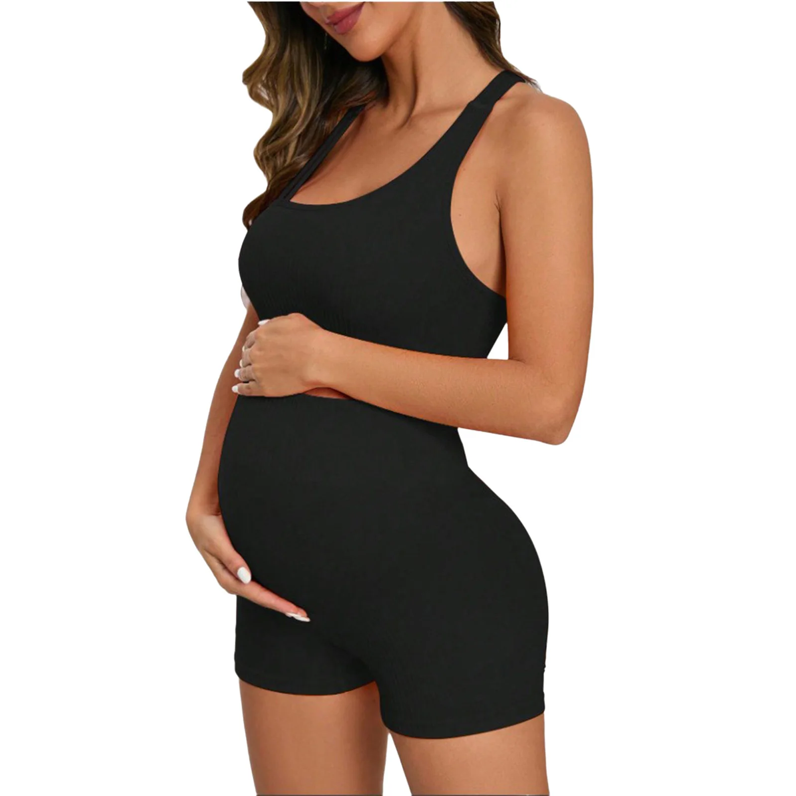 임산부용 속건 요가 운동복 세트 스트랩 백 크롭 탱크탑과 하이웨이스트 오버벨리 쇼츠 스포츠웨어