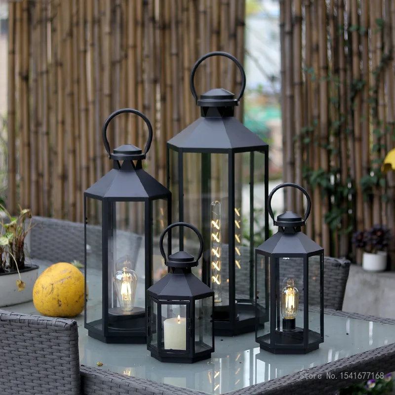 Nordic Outdoor Glass Windproof Candlestick, Wrought Iron, Floor Wind Lamp, Simple Shooting Props, Retro Garden Decor - Image 3