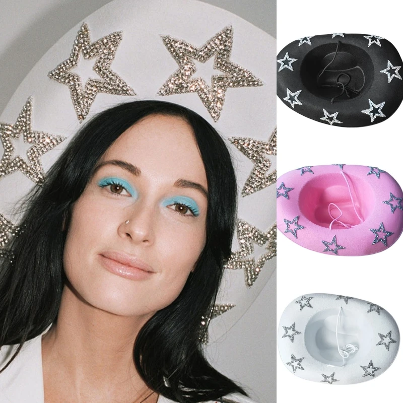 Western Cowboy Hats Women Shiny Star Rhinestone Cowgirl Hats Female Girl Solid Color Wide Brim Performance Party Cosplay Props cowboy hats cowgirl hats