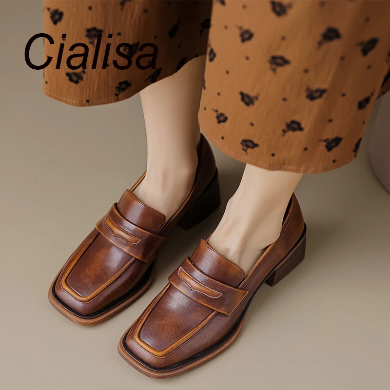 

Cialisa Vintage Brown Shoes Women Casual Genuine Leather Pumps Handmade Daily High Heel Slip-On Ladies Footwear 40 Spring Autumn