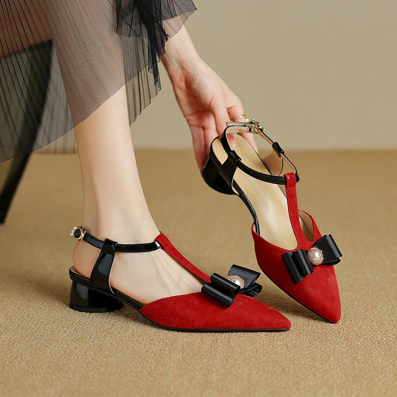 

2024 summer Women's sandals natural leather 22-24.5cm sheep suede/Gretel Materials+sheepskin t-strap buckle butterfly knot shoes