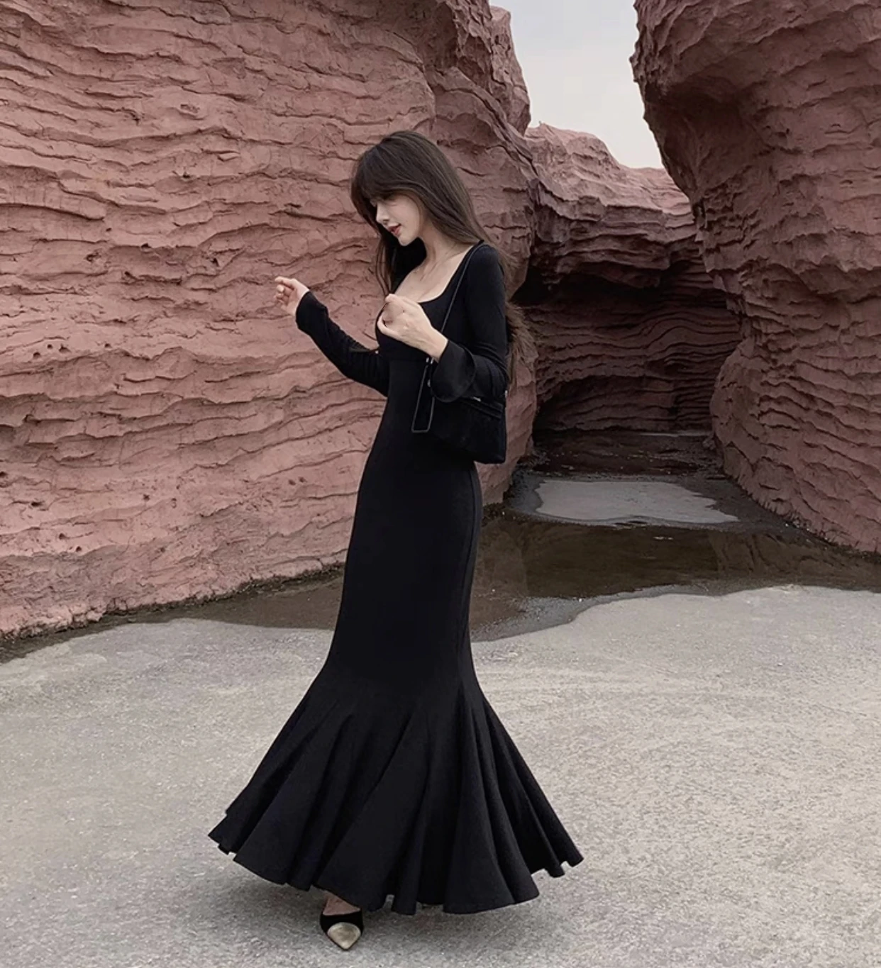 Vestidos largos de moda de otoño para mujer, mangas largas, cuello cuadrado, estilo coreano, corte entallado, sirena, elegantes, básicos, lisos, nuevos