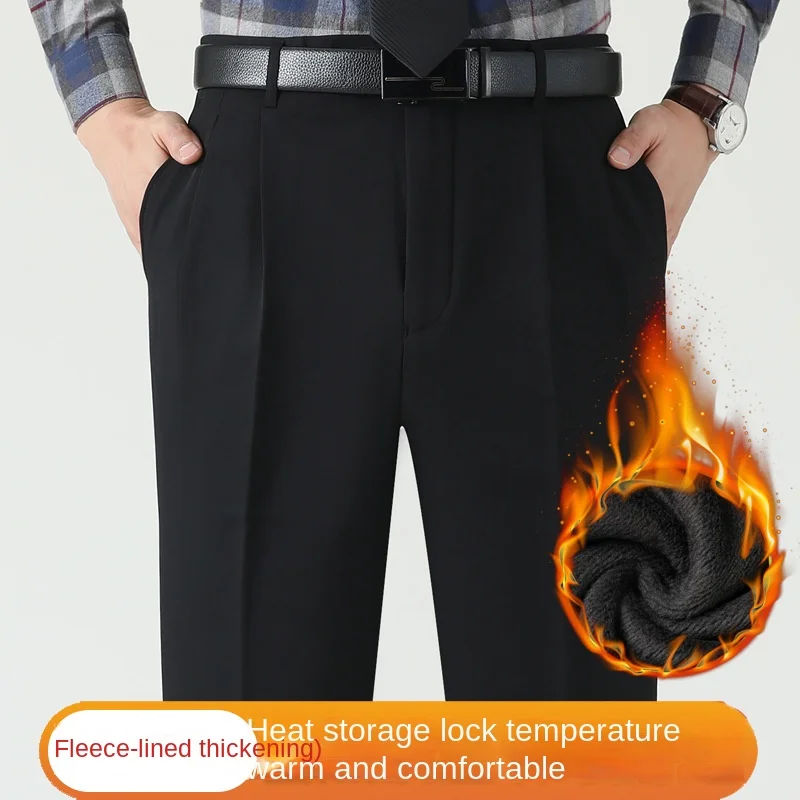 Thicken Fleece Winter Suit Pants Men Clothing Velvet Double Pleated British High Waist Loose Dress Trousers Man Size 44 46 48 3
