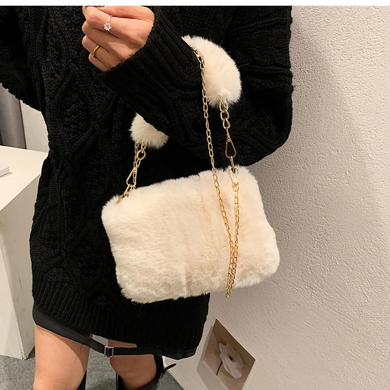 Autumn and Winter Plush Handbag Small Chain Crossbody Bag Fashion Square Faux Fur Shoulder Bag Fluffy Warm Shopper Totes