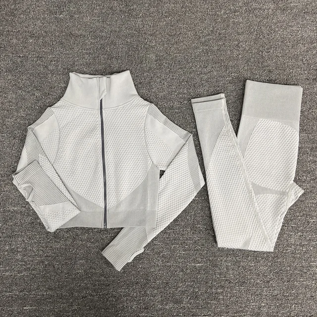 Yoga Set Seamless Sportswear Yoga suit Fitness Clothing gym Sports Suits Workout Running Clothes legging sets for women 2 piece Grey white 2pcsL-L