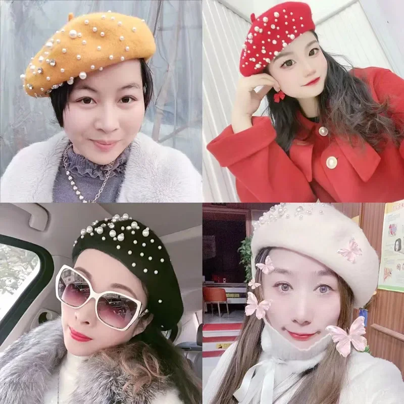 성인 및 어린이용 진주 크리스탈 베레모 모자, 여성용 캐시미어 모자, 겨울 레트로 프렌치 블랙 레드 아티스트 플랫 레드 레이디 빈티지 모자