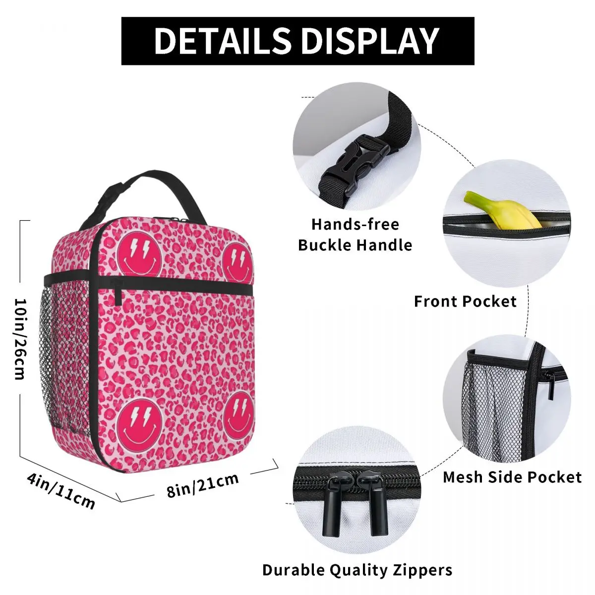 Preppy Aesthetic Pink Leopard Print Smile Insulated Lunch Bag Lunch  Container Thermal Bag Lunch Box Tote Office Picnic Men Women