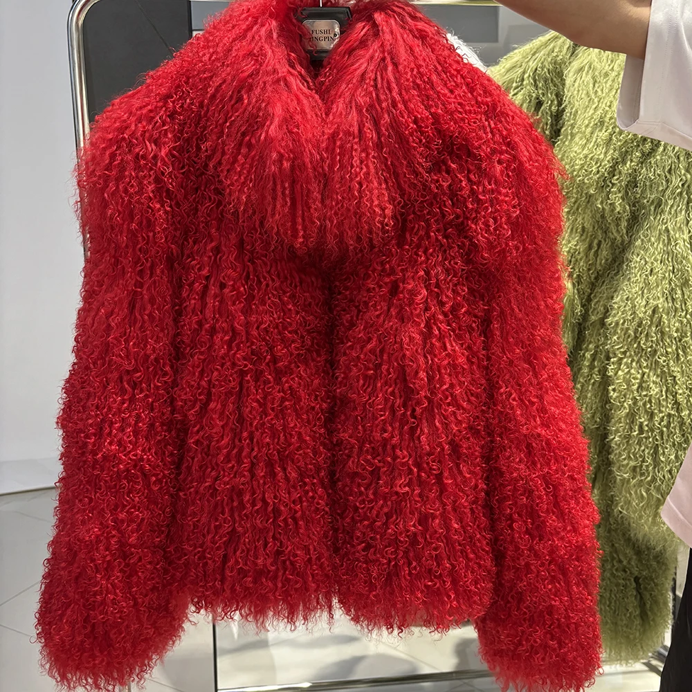 YOLOAgain High Collar Real Mongolia Sheep Fur Jacket For Women 2025 Winter Coats Outerwear
