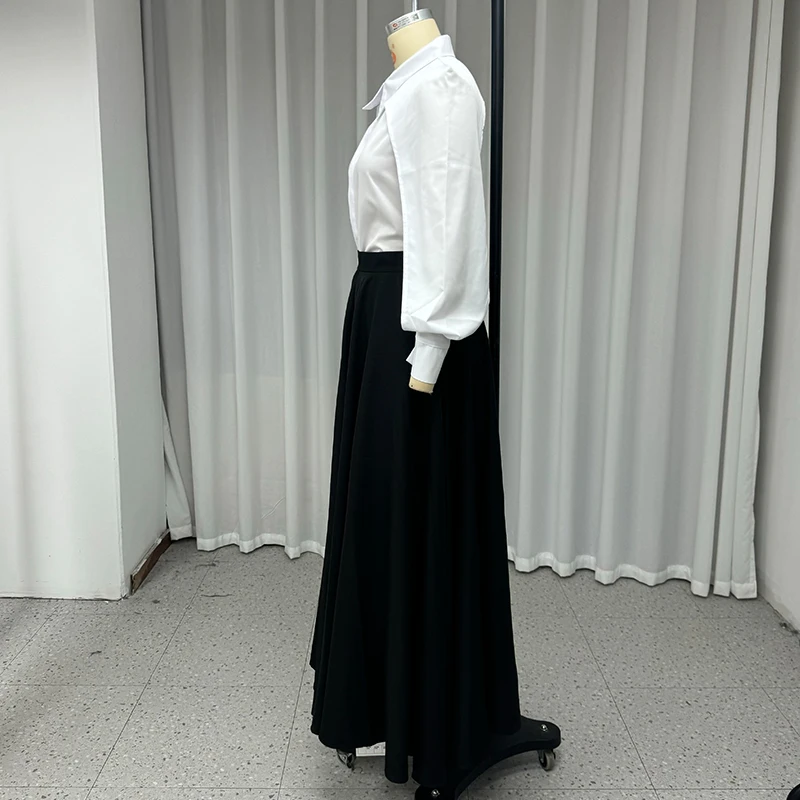 Wefads Autumn Winter Two Piece Set Elegant Solid Long Sleeve Hollow Out Laple Shirt Top Loose Black Dress Sets Women Clothing 5