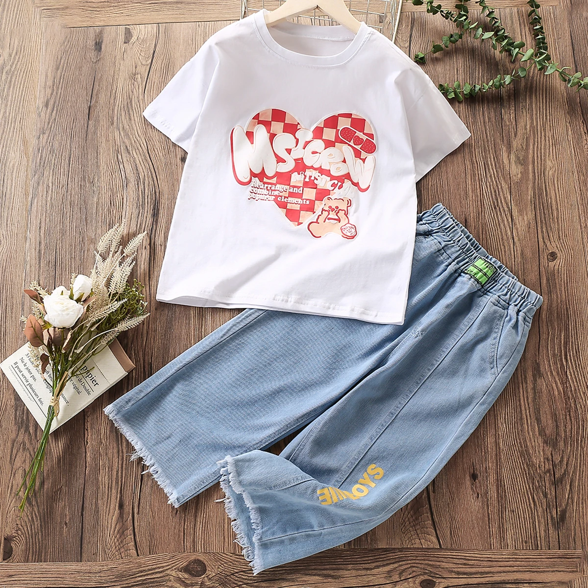 

Summer Kids Jeans Outfits Suit for Girls Set Children Baby Clothes Cotton Shirt & Shorts Teenagers Costumes 4 6 7 8 10 12 Years