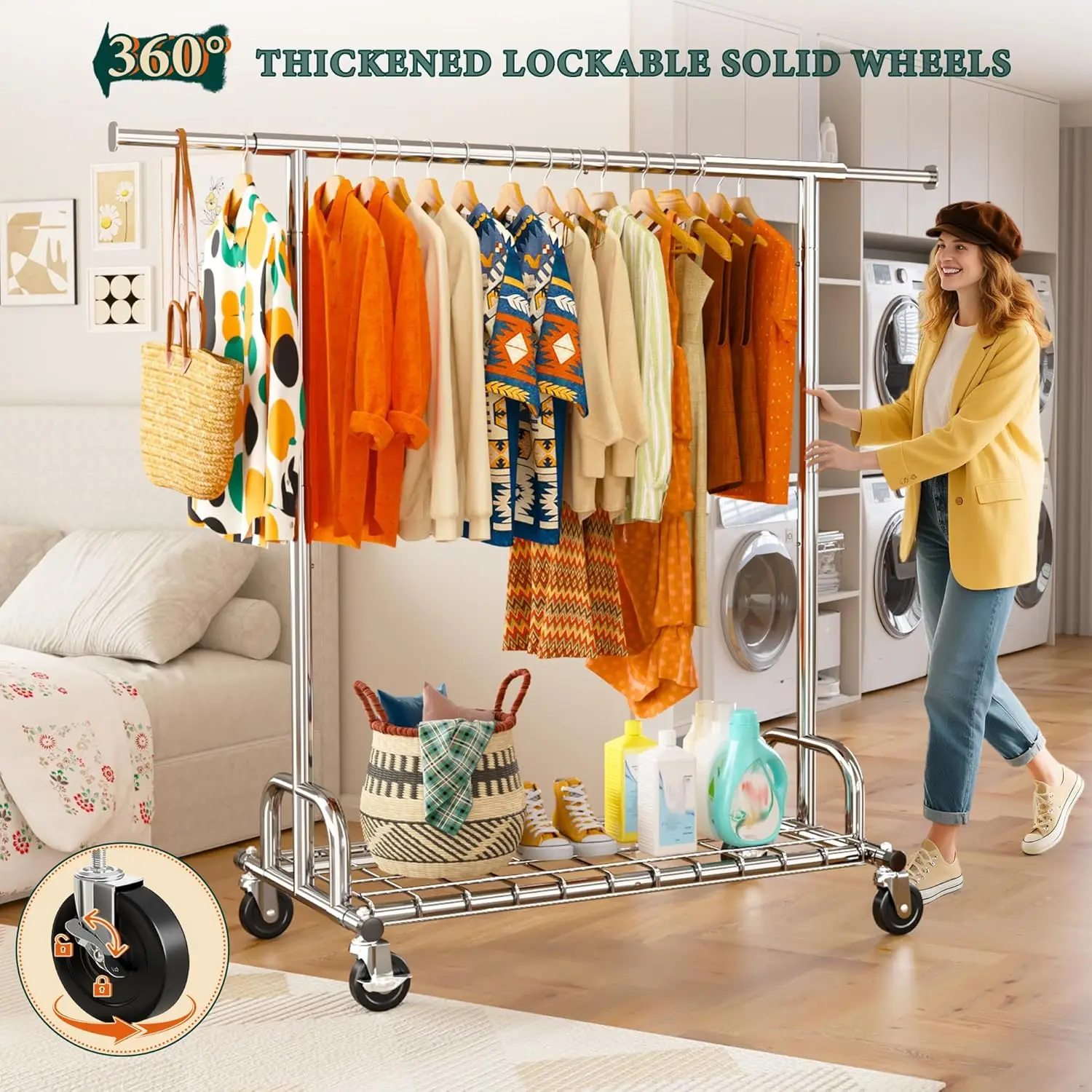 Heavy Duty Clothes Rack, Clothing Racks for Hanging Heavy Clothes 300+, Rolling Clothing Rack Load 485 LBS