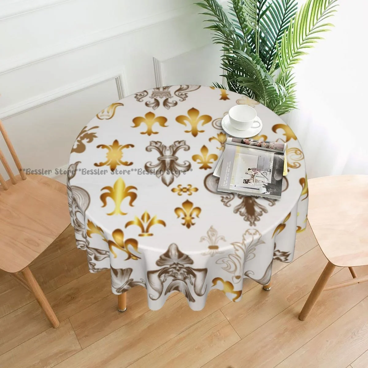 

Vintage Fleur De Lis Round Table Cloth Polyester Kitchen Tablecloth Decorative Elegant Fabric Table Cover