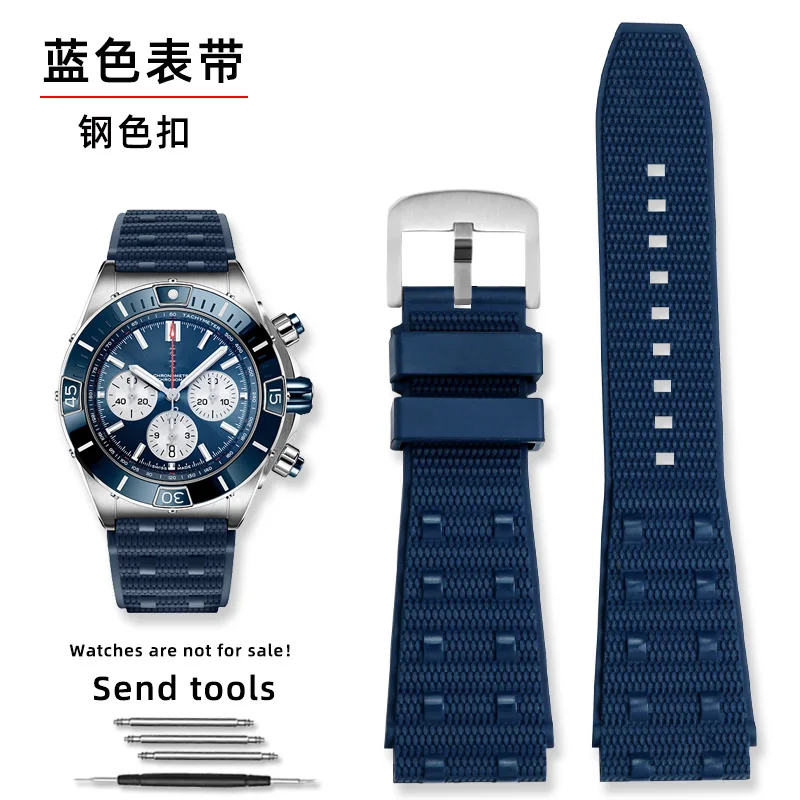 Premium Rubber Watch Strap - Durable Fluororubber in Black & Blue, 22mm/24mm