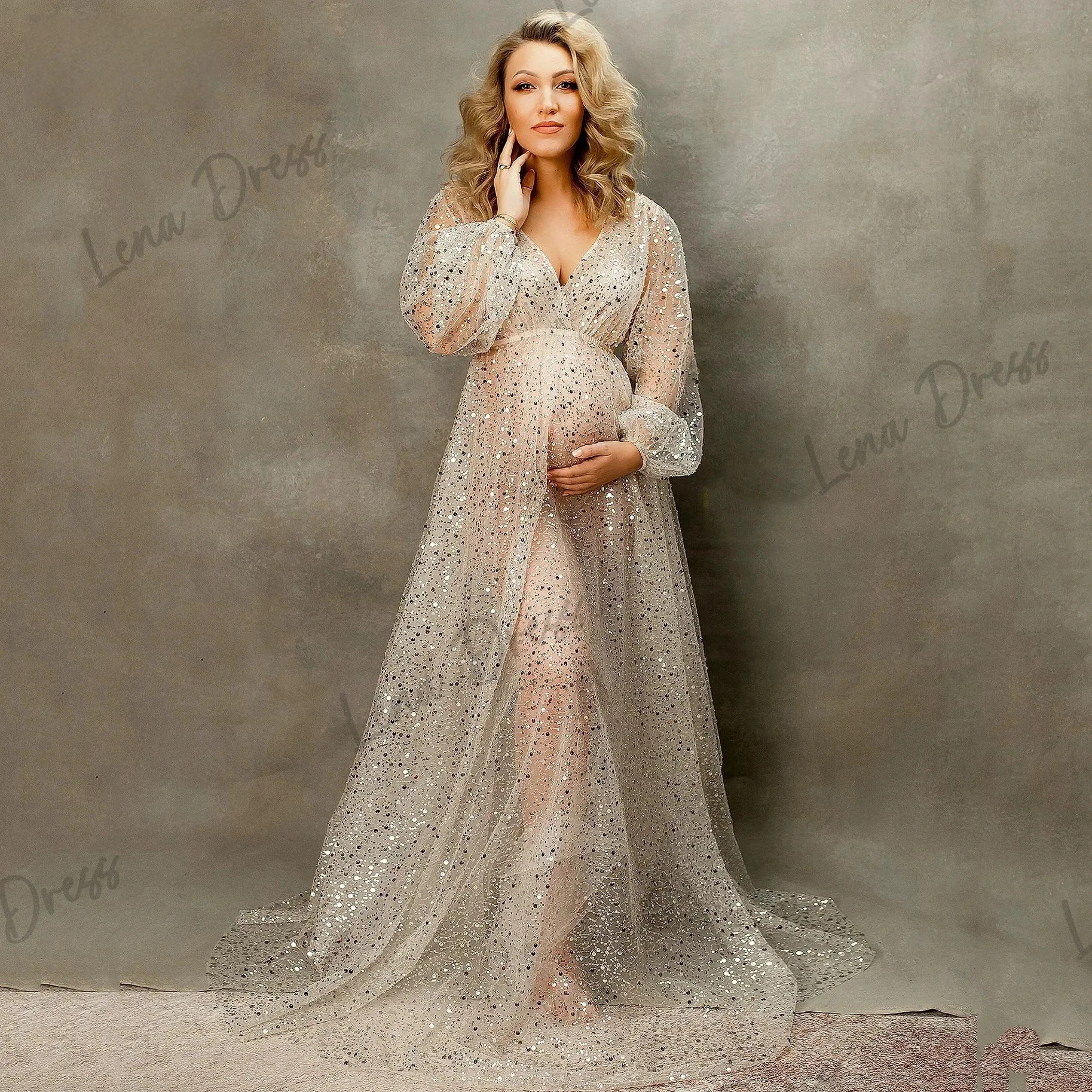 

Lena-Shiny sequin ball dress, transparent maternity dress, long sleeved backless long style, maternity photo