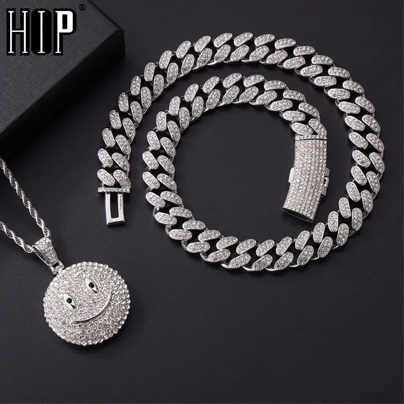 

HIP HOP Bling Iced Out Smile Face Pendants Cuban Necklace Chain for Women Men Shiny Zircon Necklace Rappers Jewelry