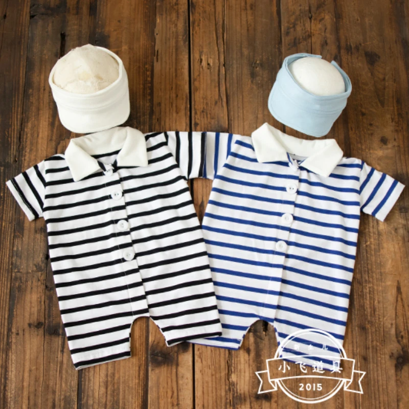 Newborn Photography Props for Baby Boy Summer Sports Outfit Striped Romper with Sun Hat 2pcs Fotografia Studio Shoot Photo Props