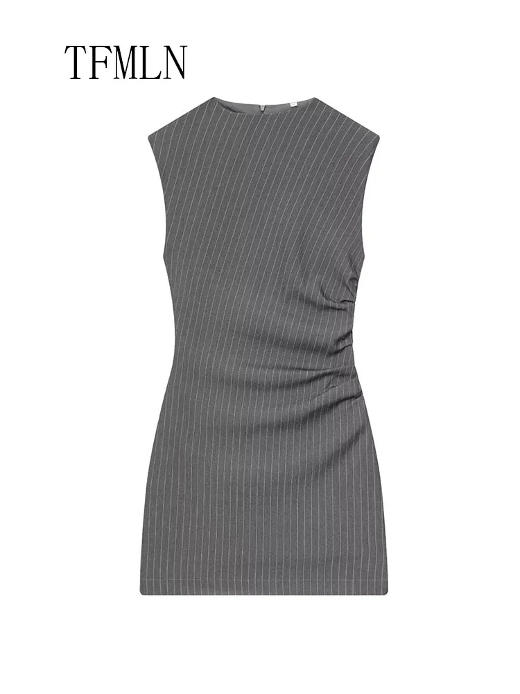 Fashion Striped Pleated Mini Dresses For Women 2026 Spring Elegant O-neck Sleeveless Slim Causal Dress Retro Back Zipper Dress