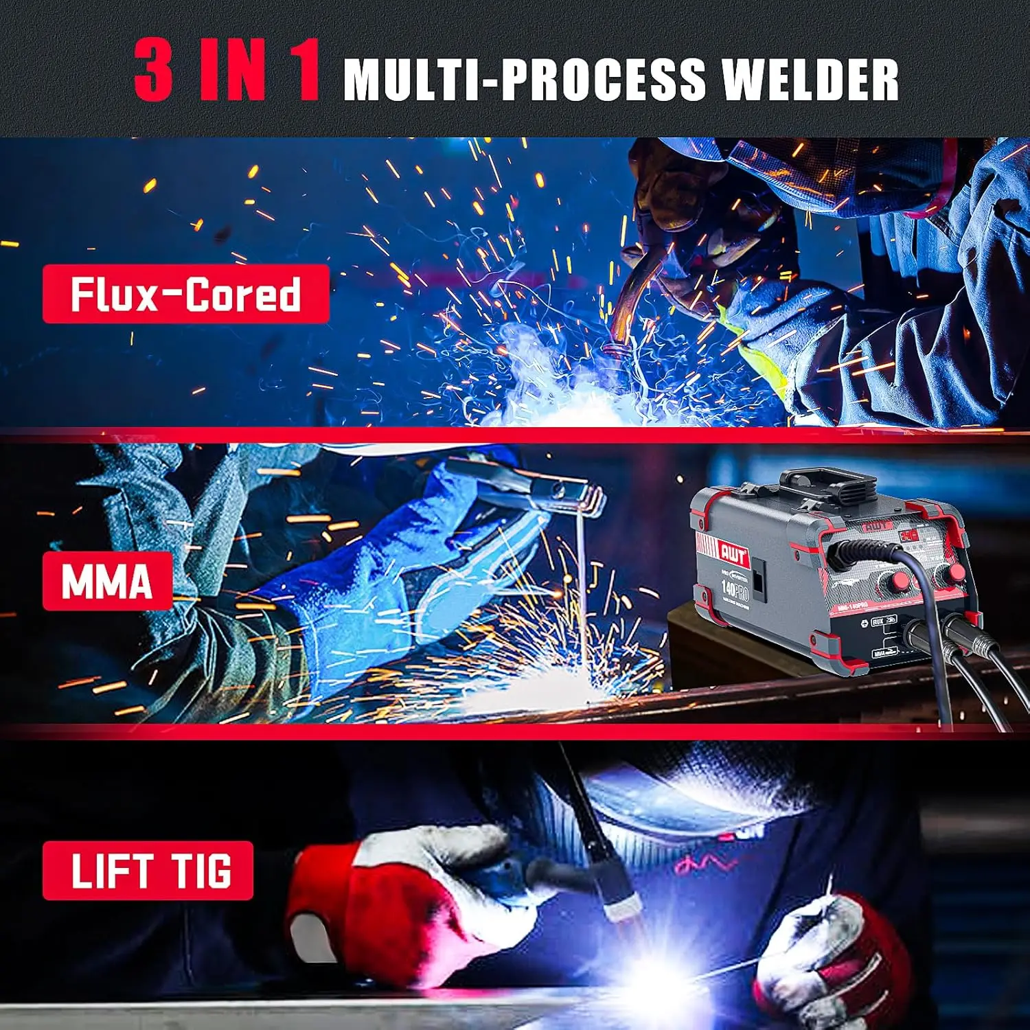 140Amp MIG Welder Flux Core MIG Welder/Stick/Lift TIG 3 in 1 Welding Machine, Welder Machine 110V