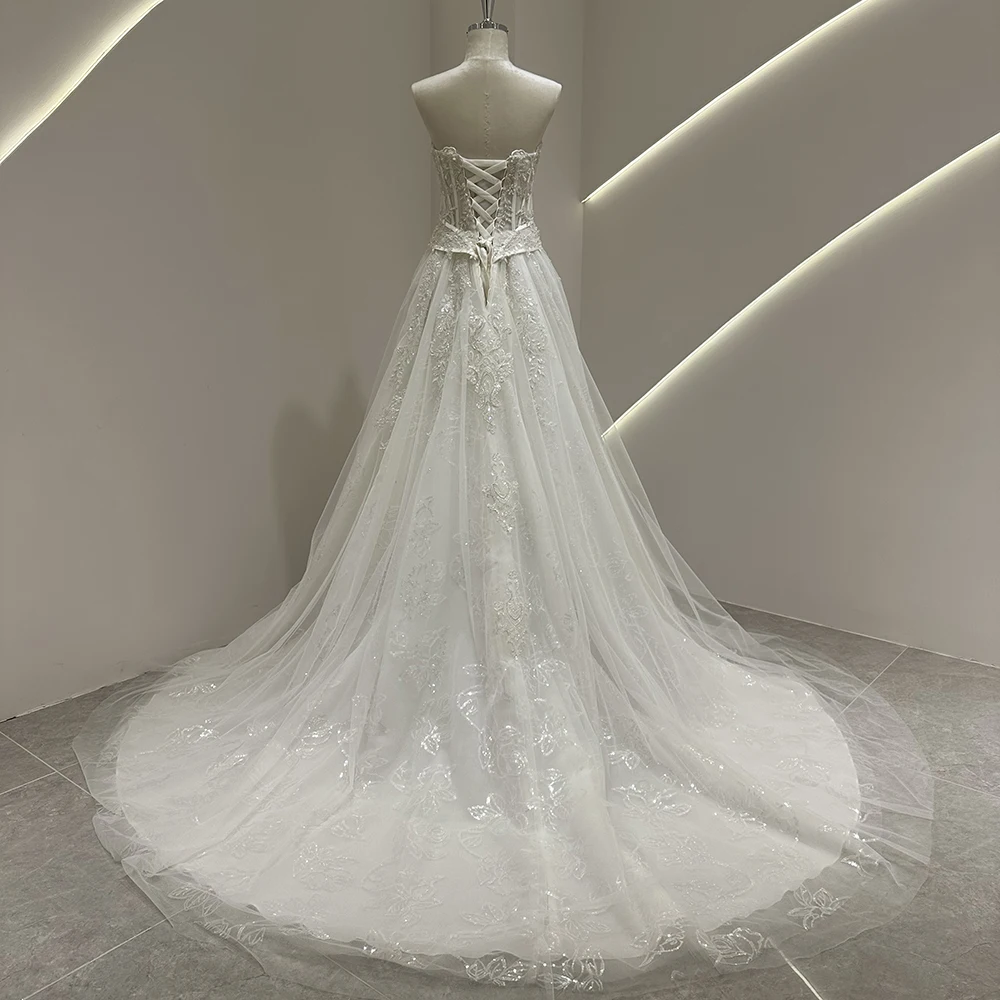 SL-9525 Customized SuLi Romantic Strapless Bride Wedding Dress Lace Appliques Beading Bohemian See Through Beach Bridal Gown