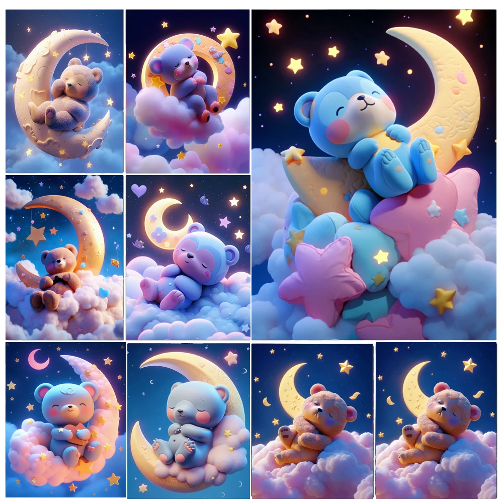 DIY 5D Cartoon Diamond Painting Cross Stitch Complete Kit Sleeping Bear Moon Full Square Mosaic Fantasy Kid's Room D&eacute;cor
