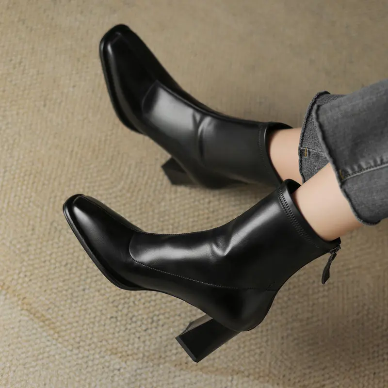 

2024 Spring Autumn Genuine Leather Ladies Work Dress Ankle Boots High Heels Pumps Shoes Woman Size 34-42