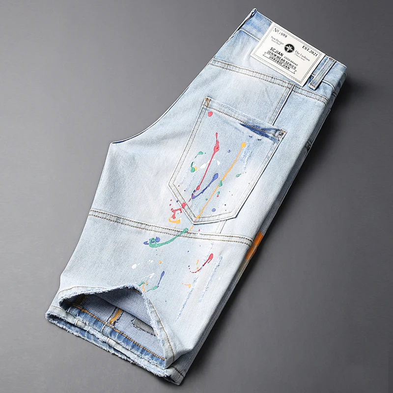 Newly Summer Fashion Men Jeans Retro Light Blue Elastic Spliced Designer Short Ripped Jeans Painted Hip Hop Denim Shorts Men
