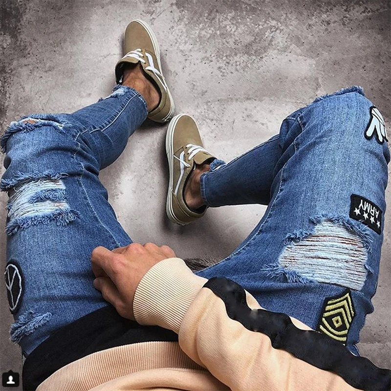 2024 Spring Summer Hip Hop Ripped Men's Jeans Classic Blue Black Embroidered Stretch Skinny Jeans Street Fashion Pants S-XXXL