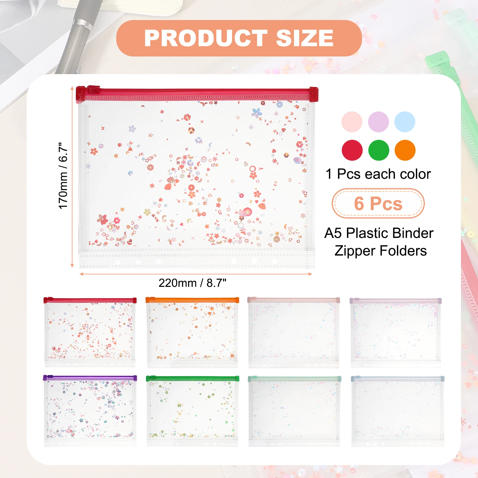 Clear Plastic A5 Zipper Binder Pockets With Sequin Filing Folders_voghion.com