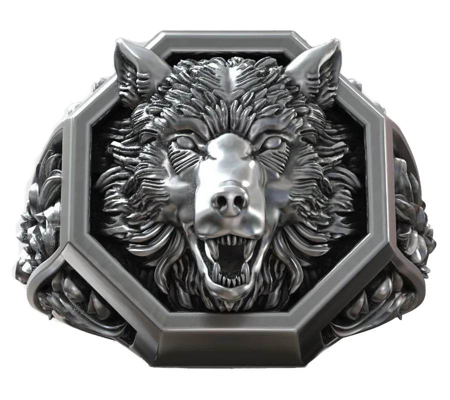 

Wolf Head Signet Pattern Men 925 Solid Sterling Silver Ring Street Fashione