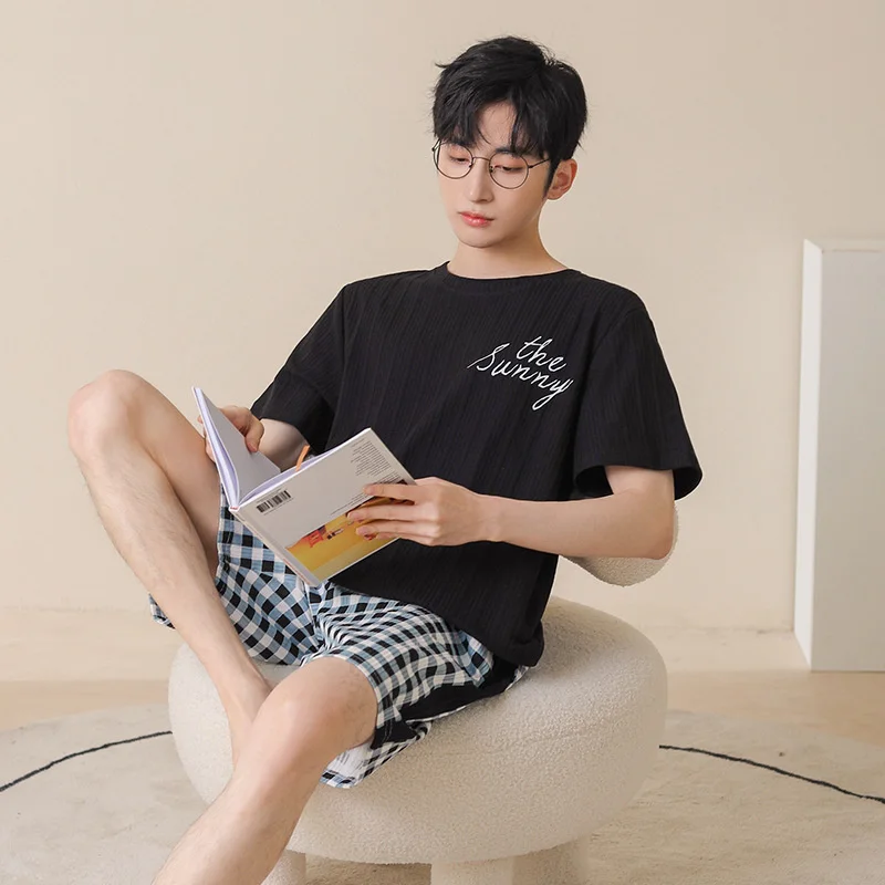 New Men's Pajamas Pure Cotton Short Sleeved Shorts Summer  Version Leisure Sports Youth Home Clothes Set