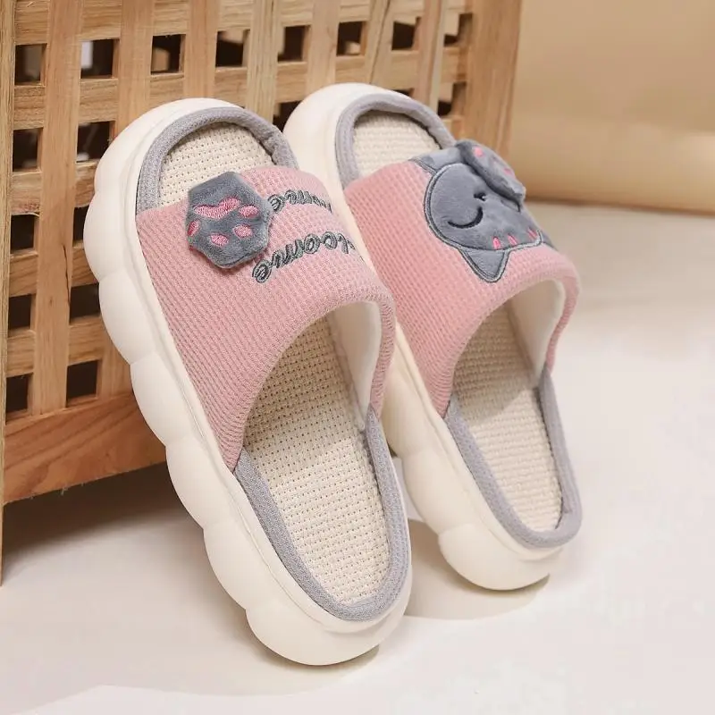 Linen Casual Slippers Women House Platform Cute Cartoon Cat Designer Shoes Girls Flat Fashion Elegant Footwear Indoor Large Size — view 6
