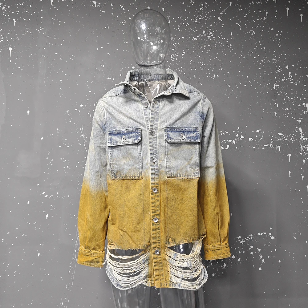 PFNW Darkwear High Quality Denim Jacket Men's Gradient Colorblocking Design Distressed Oversized Washed Outwear Coat Top 28W5674 6