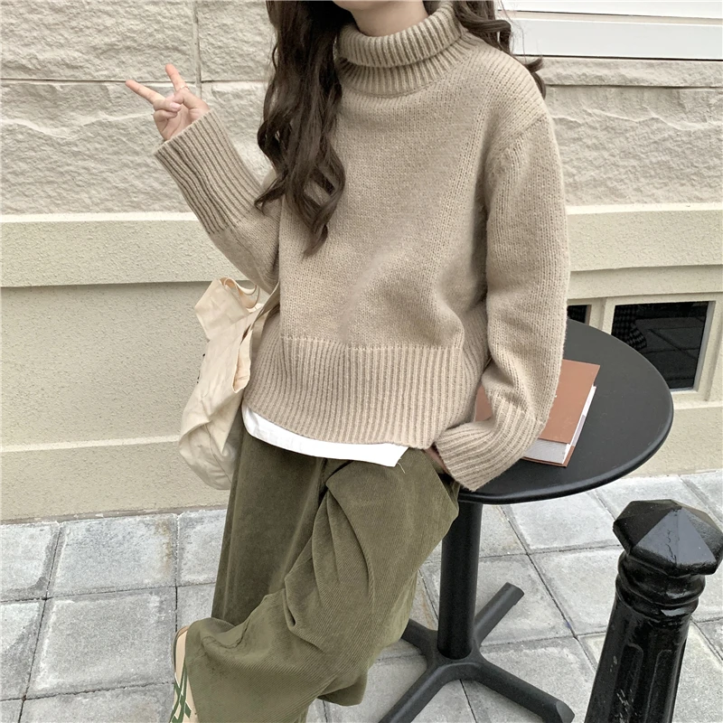 pink sweater HziriP Soft Loose Knitted Sweaters Women 2021 New Autumn Winter Solid Turtleneck Pullovers Warm Basic Knitwear Jumper 8 Colors red cardigan Sweaters