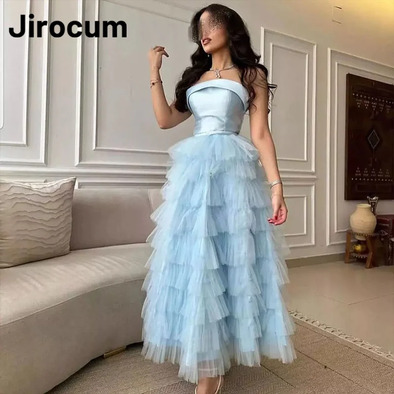 

Jirocum Elegant Sky Blue Evening Gown Women's Tulle A Line Prom Party Dress Layered Ankle-Length Arabian Formal Occasion Dresses