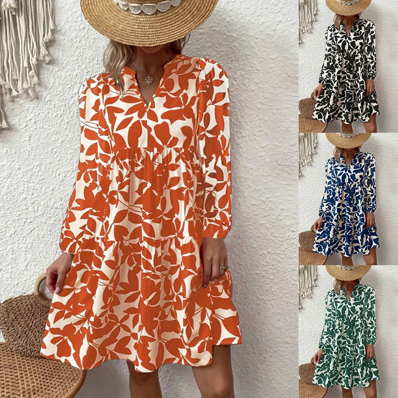 

Autumn Elegant Street Long Sleeve Loose V-neck Print Dress Women Winter Casual Pullover Vacation Beach A-Line Party Dress S-5XL