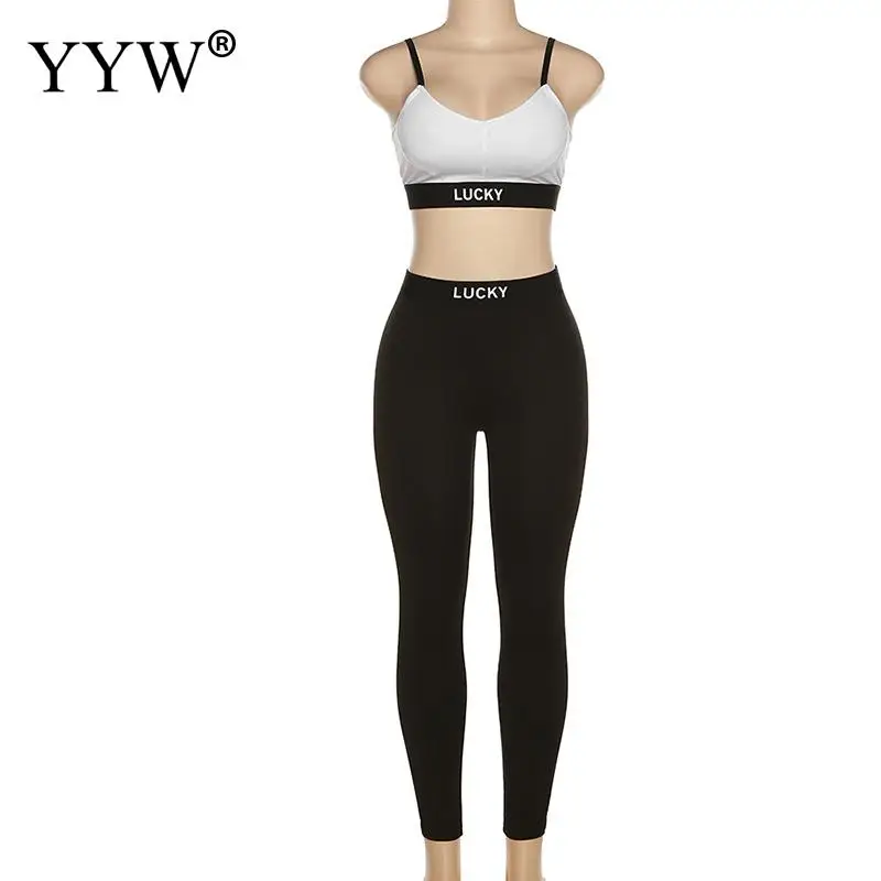 Summer Halter Vest High Waist Bodysuit Two Piece Set For Women Lucky Letter Print Casual Suit Sports Underwear Yoga Fitness Suit