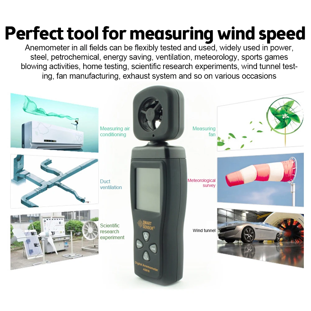 SMART SENSOR AS816 Digital Anemometer Air Flow Wind Speed Gauge Meter 0.3-30M/S