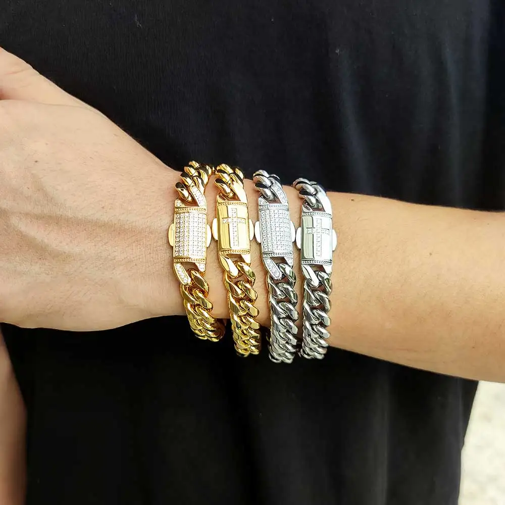 Hip Hop Jewelry Cuban Link Bracelet for Men Stainless Steel Iced Out With Full 5A Zircon Box Lock Dropshipping