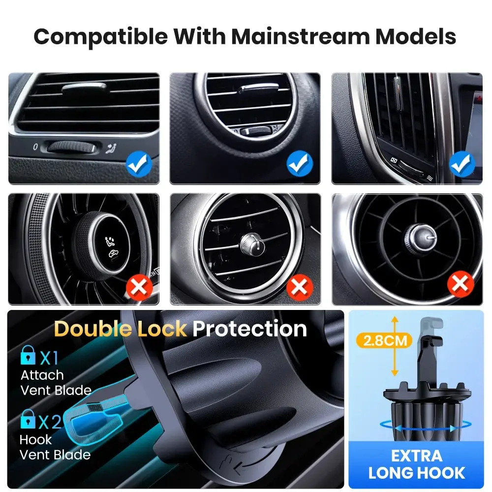 Enhanced Car Phone Holder Mount [Big Phone & Thick Case Friendly] - Hands-Free Air Vent Clamp Cradle
