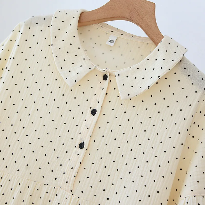 Summer 2024 New Women's Skirt Short Sleeve Nightwear 100% Cotton Crepe Doll Neck Dot Dress Loose Size Cute Sweet Home Dress