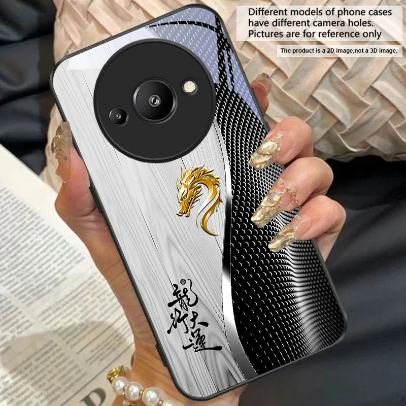 Elegant Black Tempered Glass Phone Case with Traditional Dragon Totem Design
