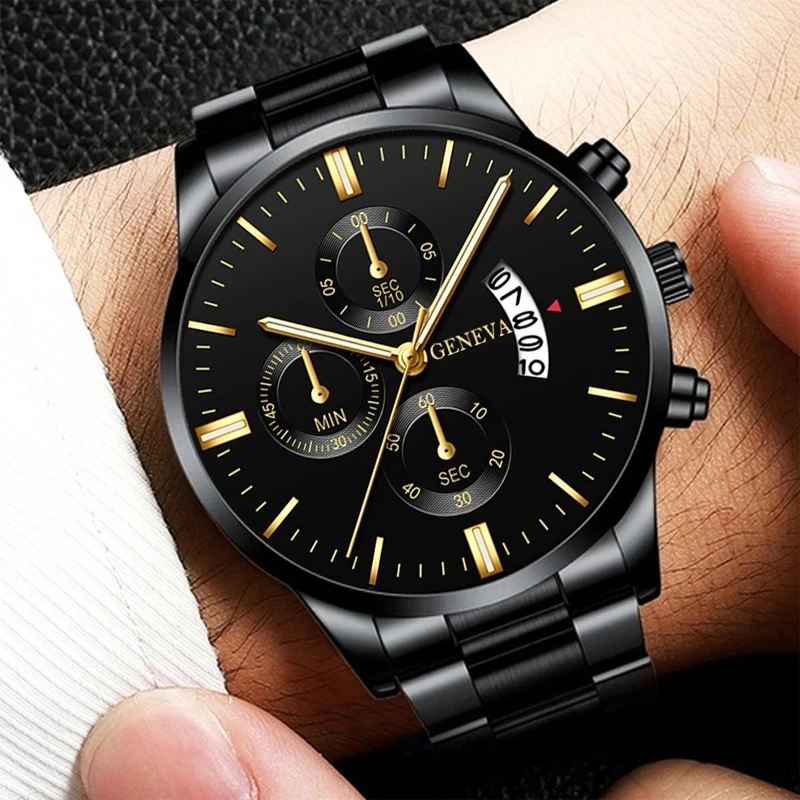 5pcs Necklace Bracelet Ring Mens Watches Set Fashion Luxury Men Stainless Steel Quartz Wrist Watch Man Business Casual Watch 6