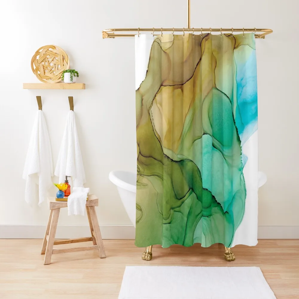 

Brown, Blue, and Green 4121 Modern Abstract Alcohol Ink by Herzart Shower Curtain Shower Set For Bathroom For Bathrooms Curtain