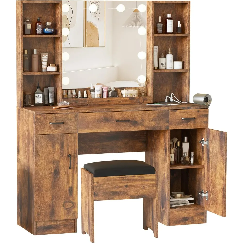 

Makeup Vanity Table with Lighted Mirror, Vanity Set Vanity Desk with Lots Of Storage, 3 Lighting Modes, Brightness Adjustable
