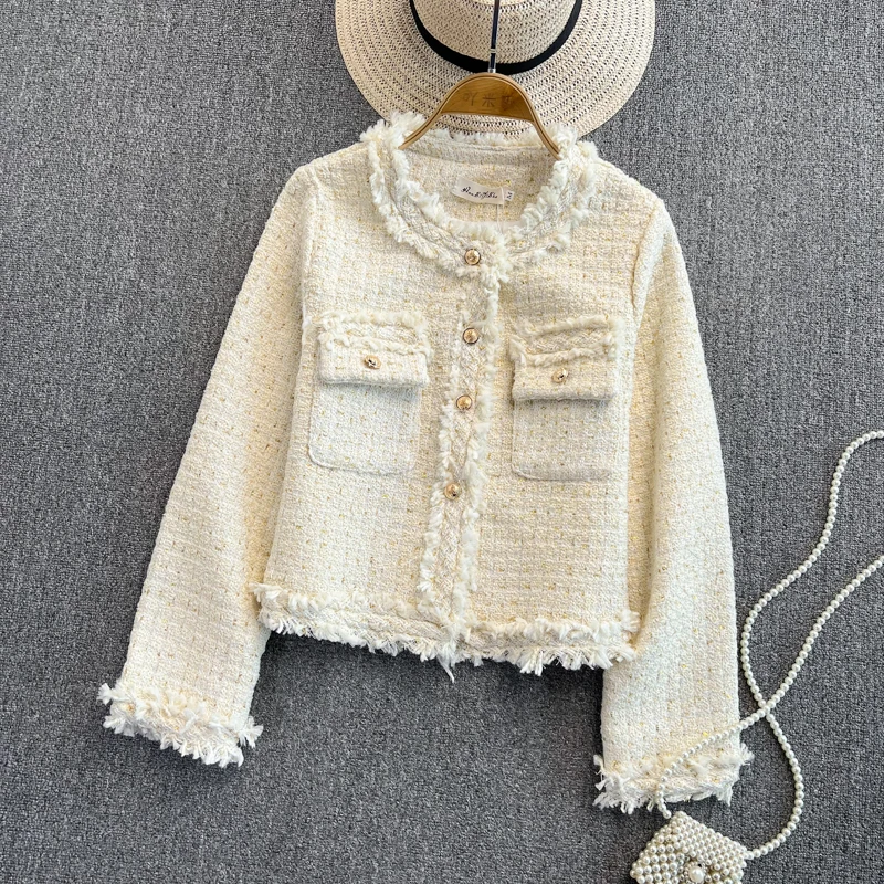 

Женский приталенный твидовый костюм, тонкий трикотажный пиджак во французском стиле, Осень-зима