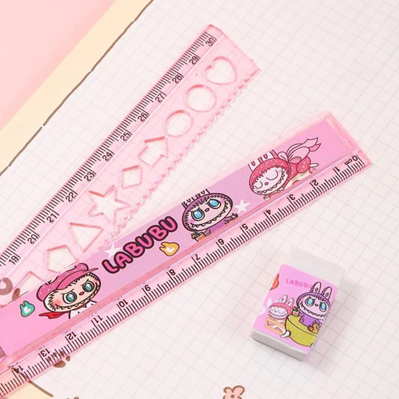 Cartoon Cute Labubu Bagged Stationery Set Pencil Ruler Eraser Pencil Sharpener Pen Cap Suit Students School Study Supplies Gifts