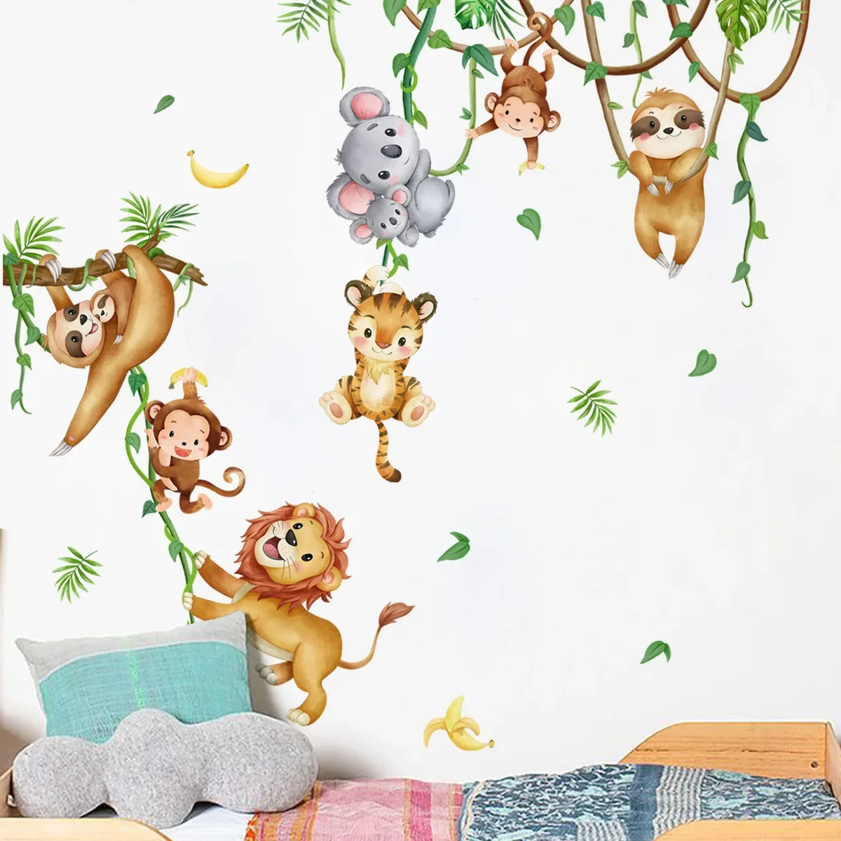 Cartoon Jungle Animal Monkeys Wall Stickers Kids Room Boys Bedroom Living Room Wall Decor Vinyl Zoo Children Decals Nursery Wall Sticker Wall Stickers