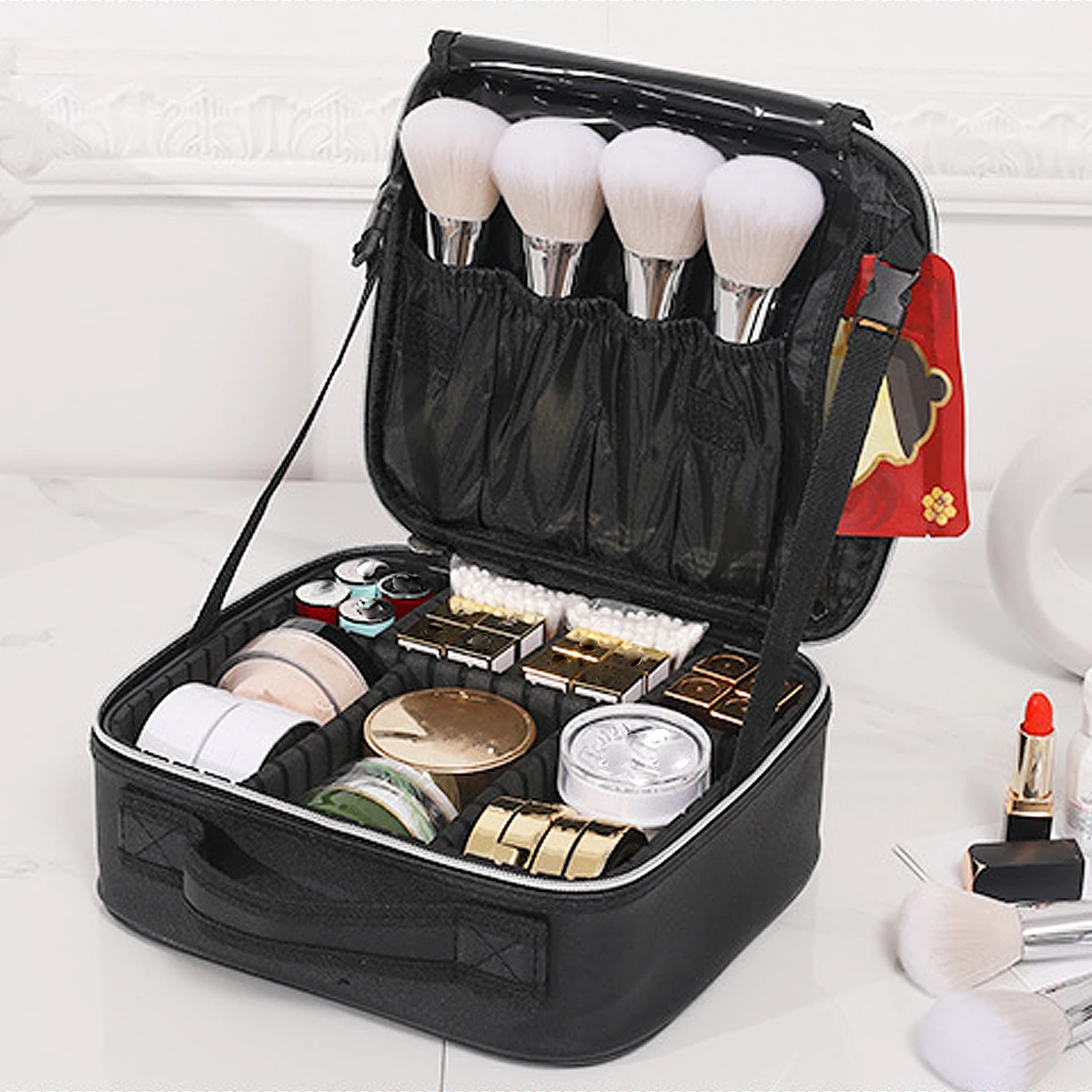 Diamond Check PU Makeup Case, Large Waterproof Travel Organize Cosmetic Box 3