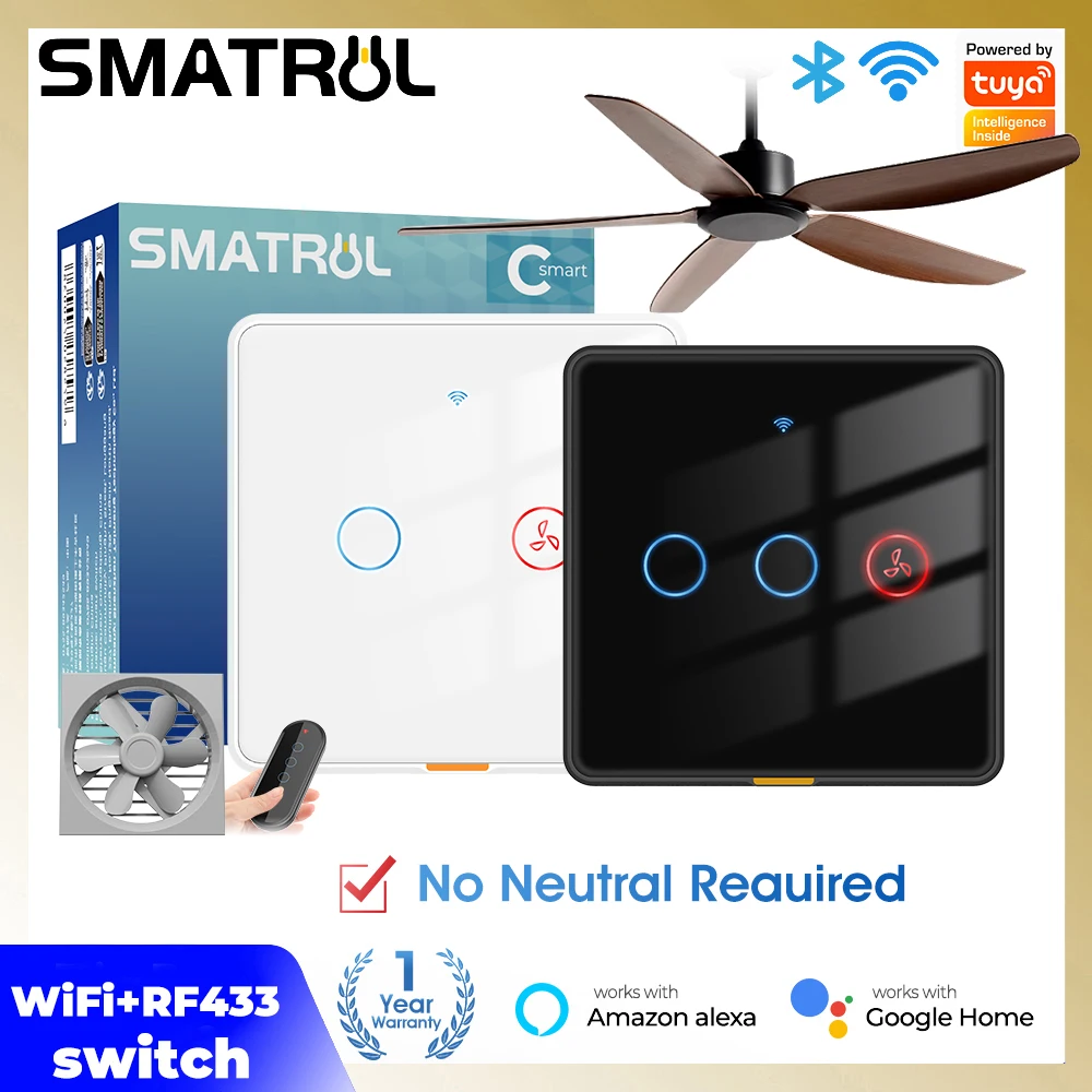 RF433 Tuya WIFI Smart Touch Switch No Netural Wire Required Ceiling Fan 2 Gang Light Switch Alexa Google Home Voice APP Control