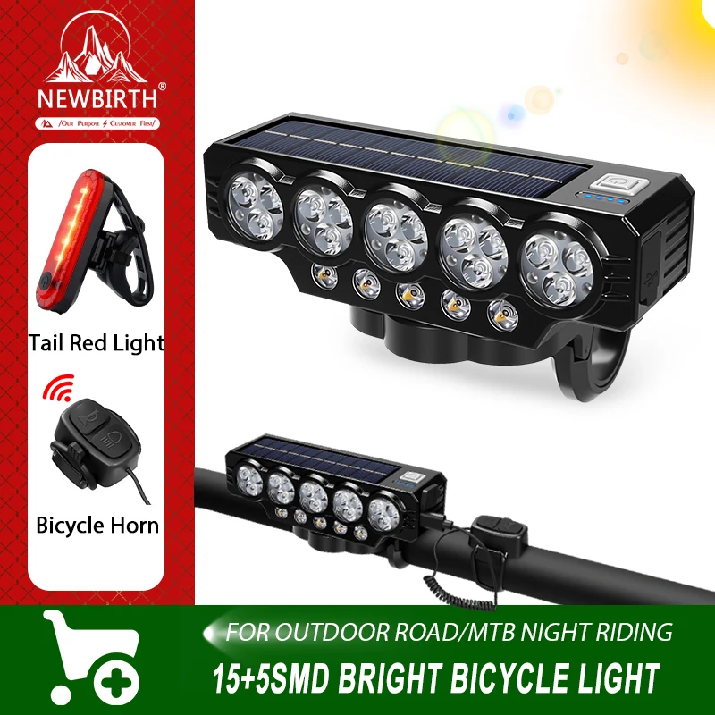 LED Solar Bicycle Horn Light Power Display Cycling Front Lamp Rechargeable High Brightness Bike Headlight Bicycle Accessories